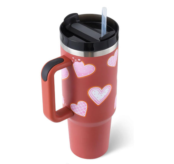 40 Oz Tumbler With Handle Straw Insulated, Stainless Steel Spill Proof Vacuum Coffee Cup With Lid Tapered Mug Gifts For Valentine Lover  Gym Travel