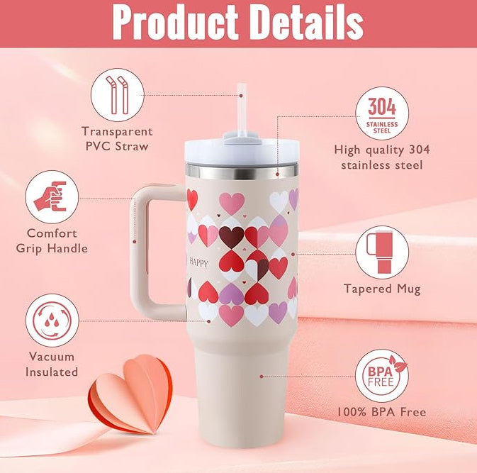 40 Oz Tumbler With Handle Straw Insulated, Stainless Steel Spill Proof Vacuum Coffee Cup With Lid Tapered Mug Gifts For Valentine Lover  Gym Travel